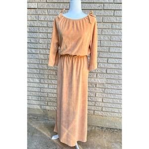 Niki-lu 70s 80s velour dress tan maxi pocket boatneck small